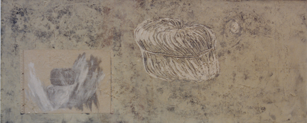 attila szucs, two, oil, applicated paper on wood fibre, 60x145cm. 1991