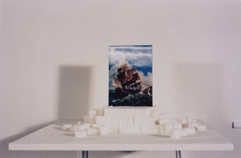 attila szucs, sweet-salted, installation, 3d postcard, sugar cube, 30x30x30cm, 1992