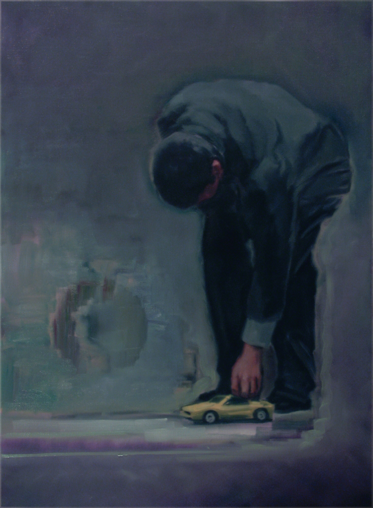 bending figure with toycar and blindspot o,c. 140x100cm. 2007