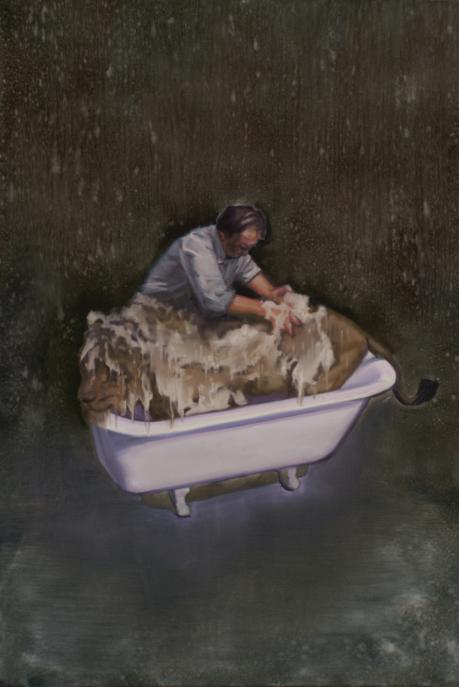 attila szucs, man bath a lion o,c. 150x100cm. 2011