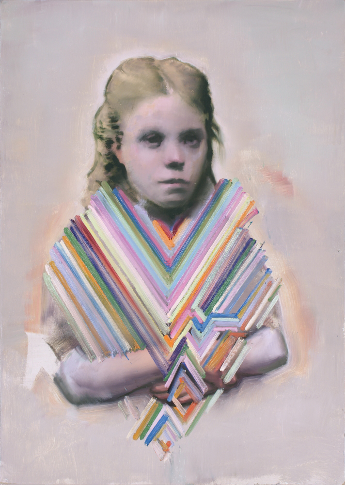 attila szucs, girl with colour stripes, oil on woodfibre, 70x50cm. 2014 []