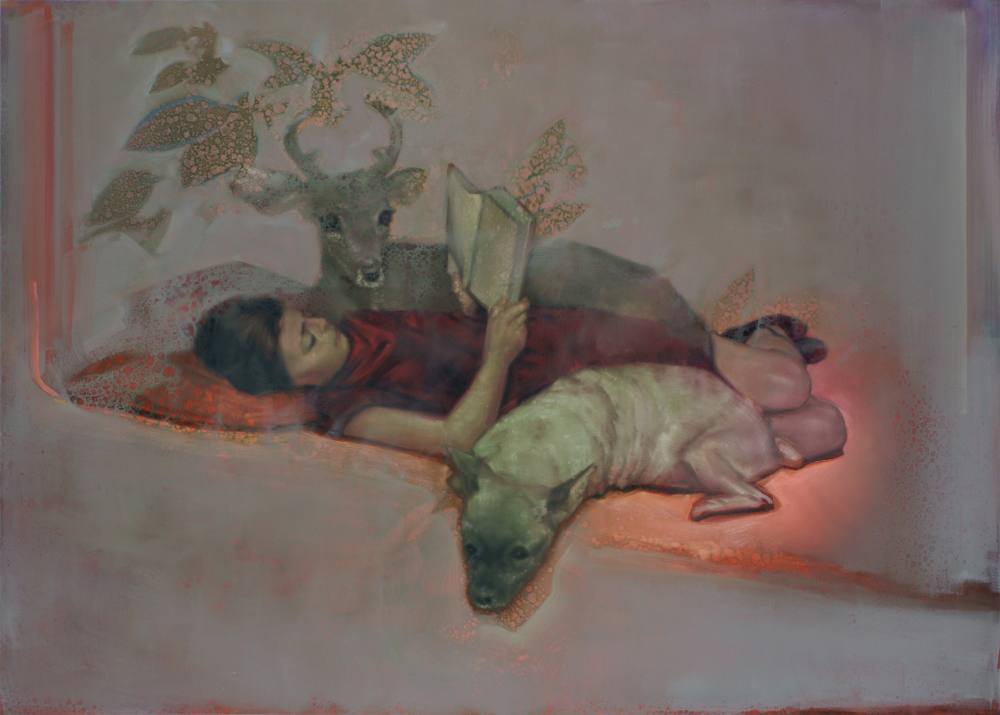 woman with her pets, oil on gesso on plywood, 100x140cm. 2015