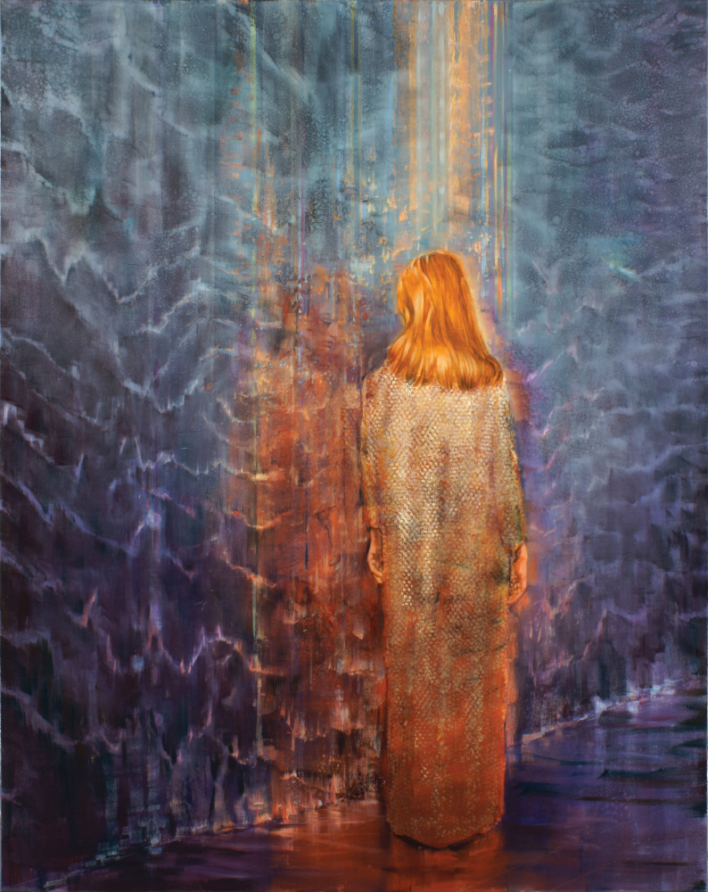 woman in gold evening dress, oil on canvas, 240x190cm. 2015