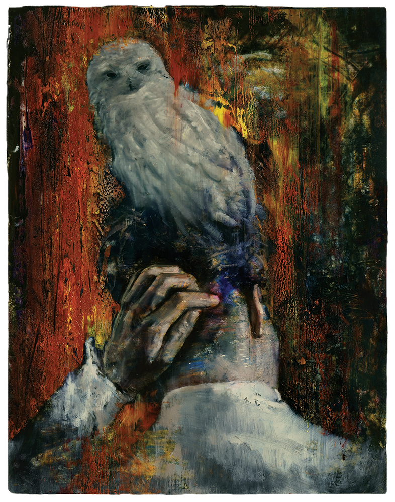 snowy owl sitting on head, acrylic and oil on canvas, 64,5x50cm. 2018