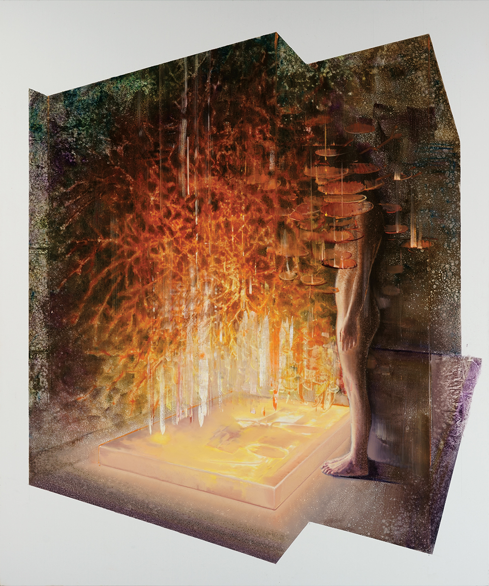 girl with lightbox in hypercube, oil on canvas. 240x200cm. 2019
