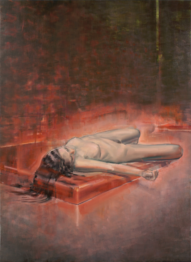 lying nude on a red mattress, oil on canvas, 220x160cm. 2013
