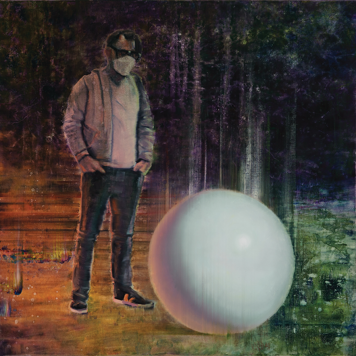 man looking at white globe, oil on canvas. 85x85cm. 2022