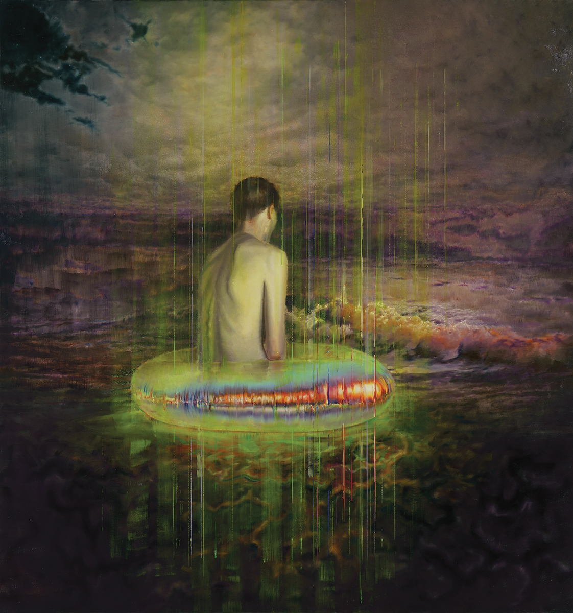 boy with fluorescent swim ring, oil on canvas, 210x200cm. 2023-24