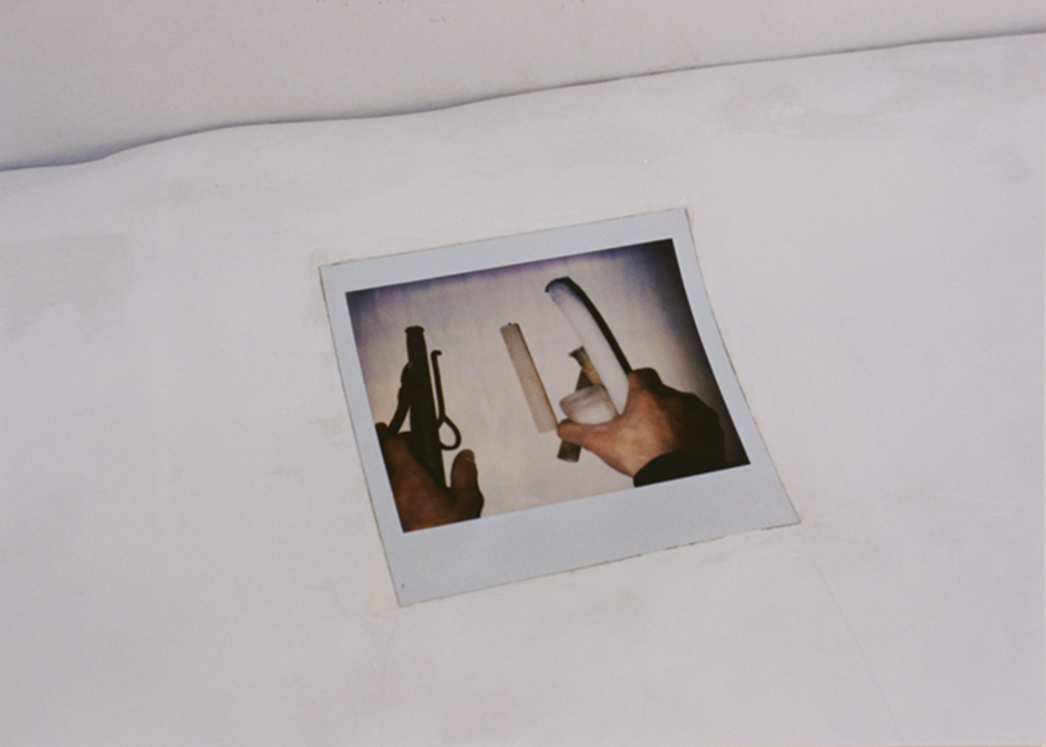 attila szucs, dual structure of people, detail, gypsum, wood, polaroid photo, 81x42x7cm. 1993
