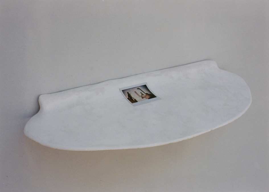 attila szucs, dual structure of people, gypsum, wood, polaroid photo, 81x42x7cm. 1993
