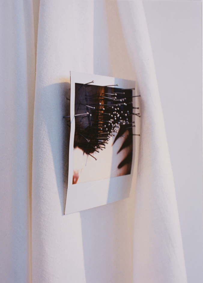 attila szucs, without title, detail, sheet, polaroidphoto, pin, 185x55cm. 1993