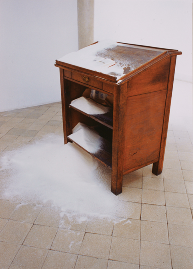 attila szucs, flood, installation, writing desk, 50kg sugar, 140x85x62cm, 1993