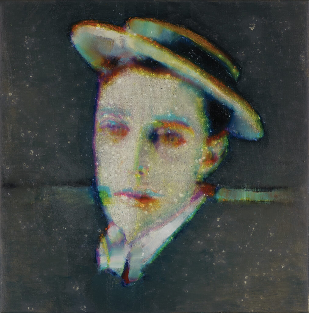 Buster Keaton with chromatic aberration, oil on canvas, 35x35cm. 2026