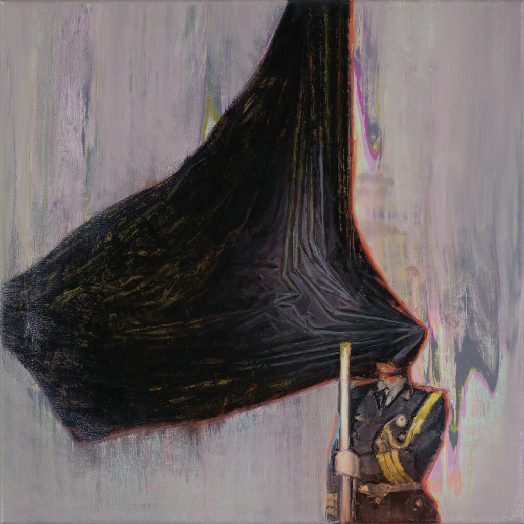 Guard with silk flag, oil on canvas, 60x60cm. 2026