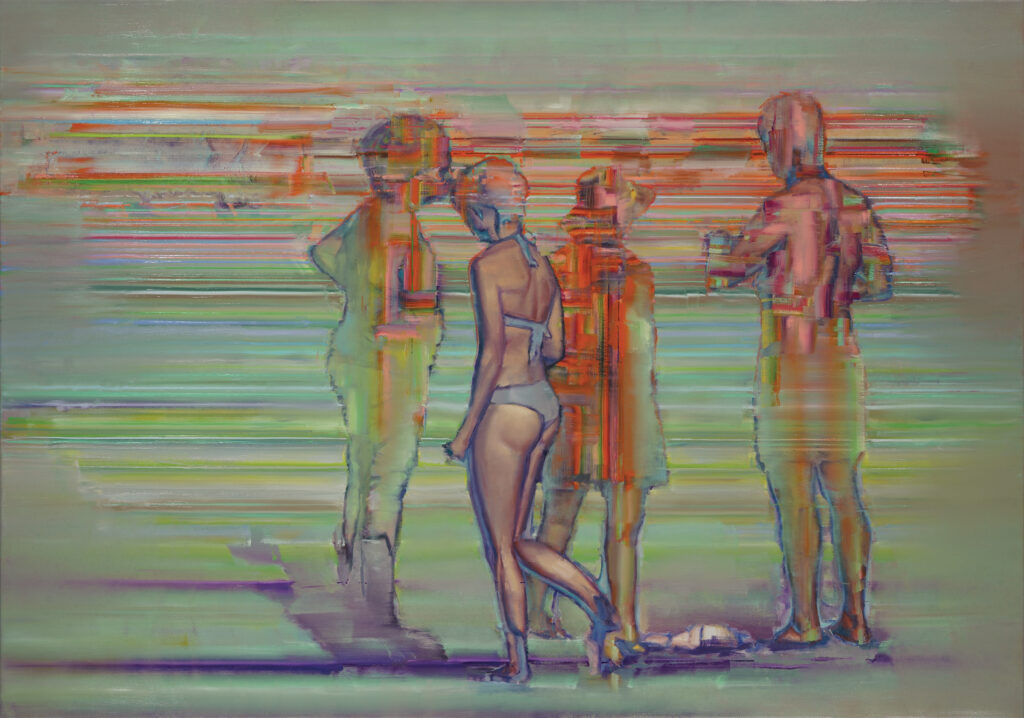 attila szucs, beachgoers in spectral transition, oil on canvas, 140x200cm. 2024