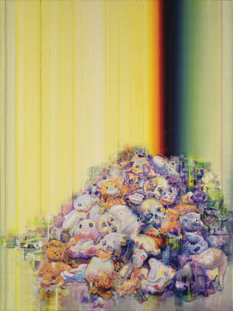 attila szucs, Plush toys and skulls on a yellow background, oil on canvas, 200x150cm. 2026