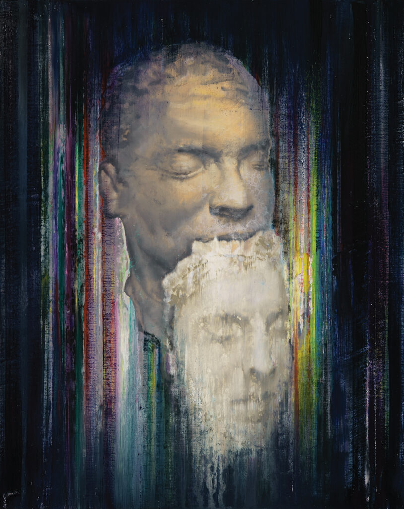 attila szucs, living mask with another self, oil on gesso on plywood, 50x40cm. 2021
