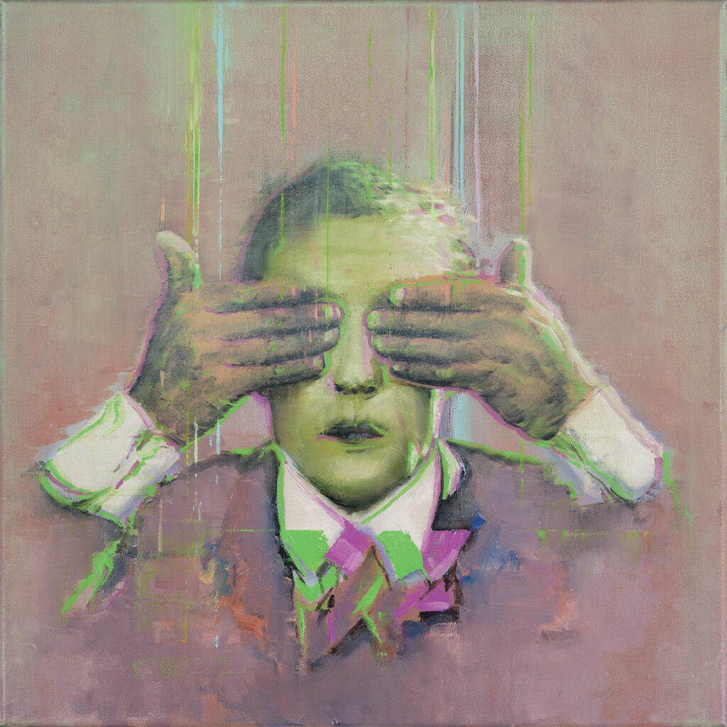 attila szucs, Buster Keaton covers his eyes, oil on canvas, 50x50cm. 2026